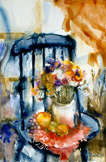fruit and flowers on chair
